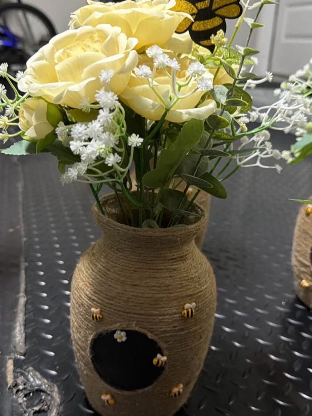 Handcrafted Tan Twine Vase with Yellow Flower Arrangement